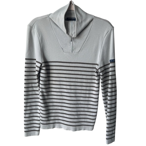 Saint James Sweaters - St James France 1/4 Zip Striped Wool High Neck Sweater Cream Grey Women's Small